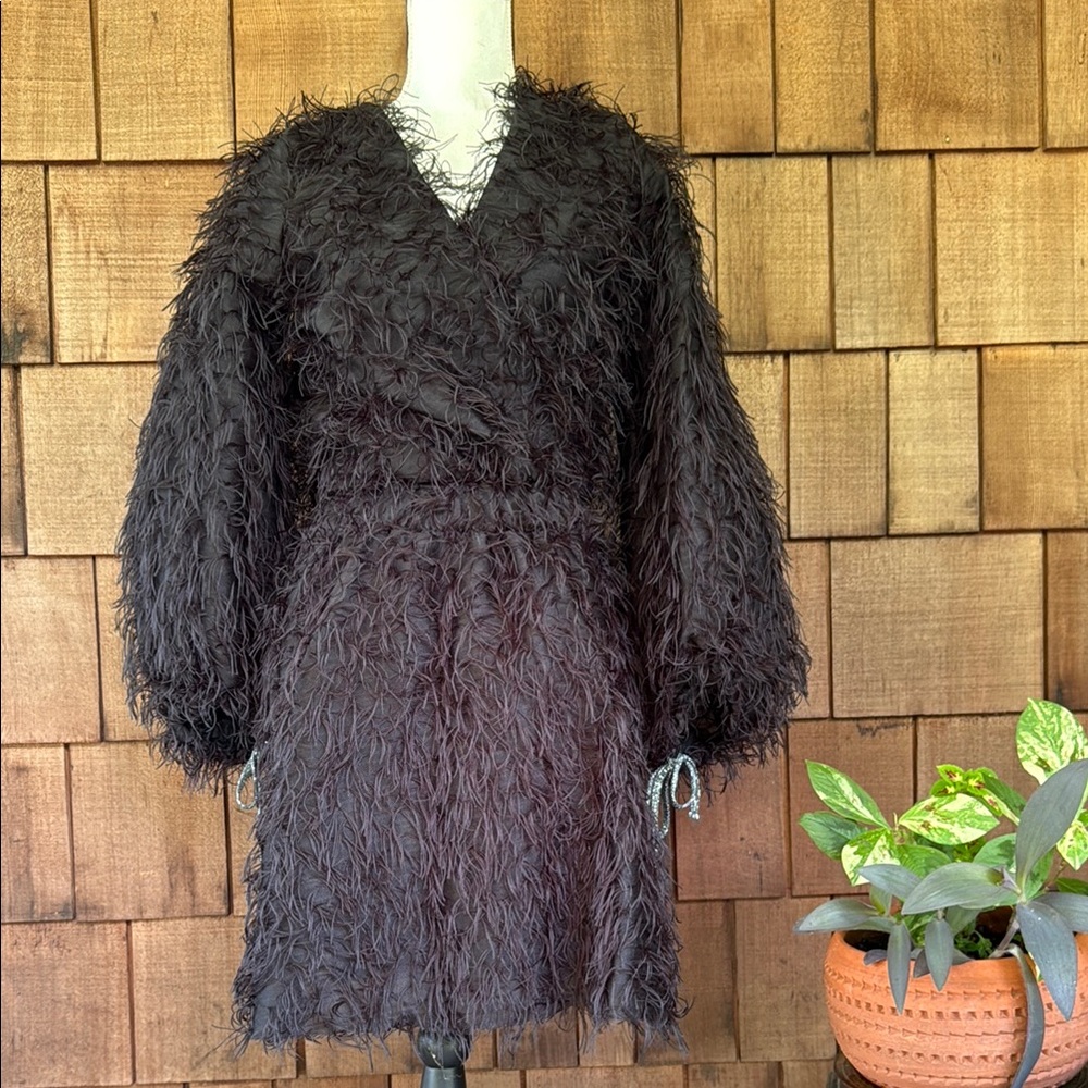 SoAllure Black “Feathered” Bishop Long Sleeve Dress, made in Italy, size 40